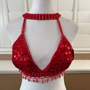 By Joanna Red Crochet Sequin Halter Top Beaded Fringe Bralette Festival Ravewear